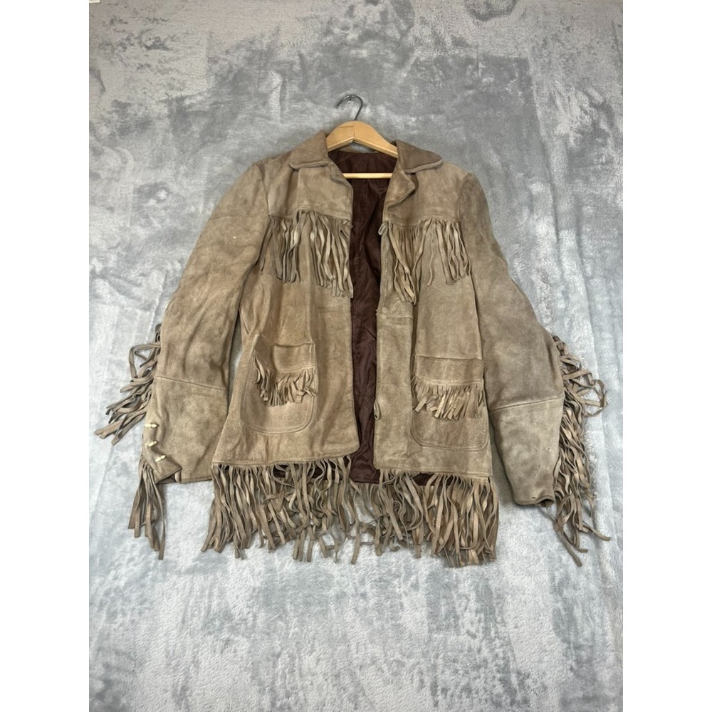 Genuine Suede American Vintage Women's Brown Fringe Lined Open Front Jacket M